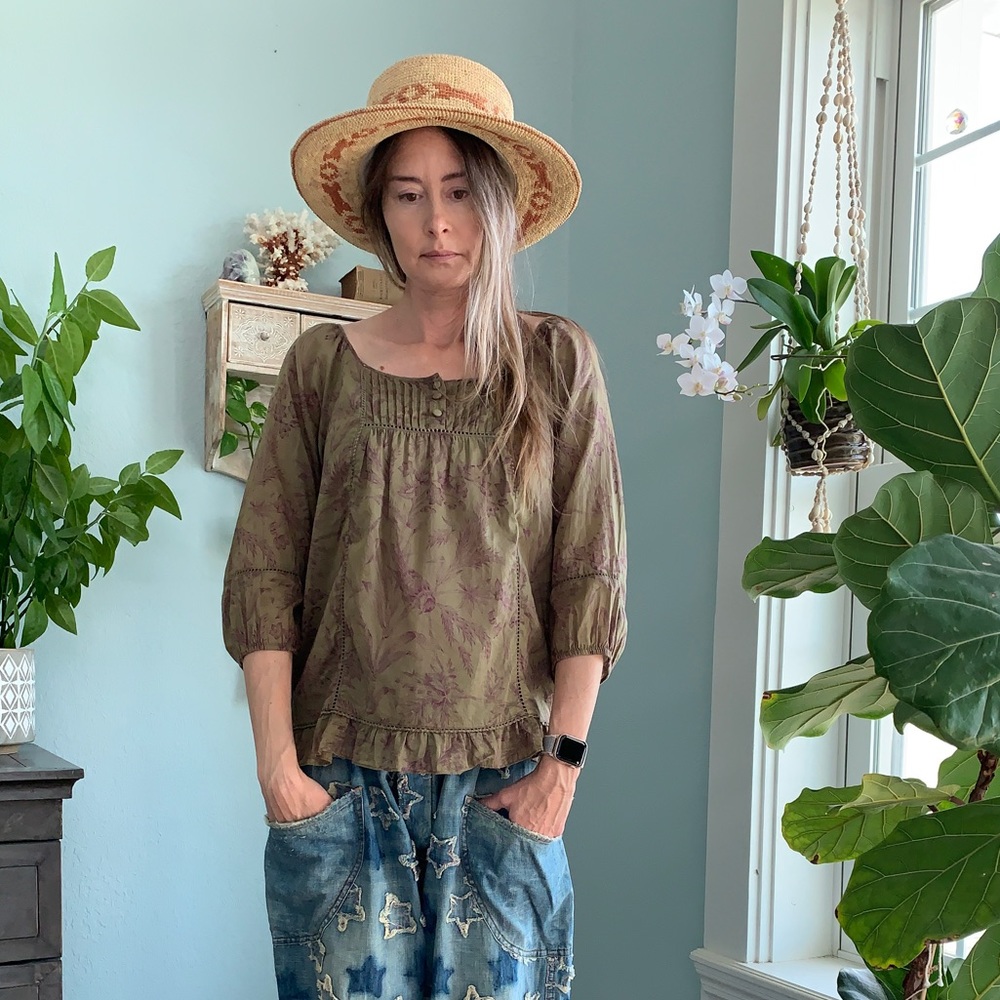 Vintage Anthropologie Bird Print Smocked Blouse